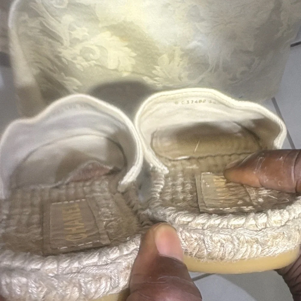 CHANEL Cream Canvas Espadrille Slide with Black Toe